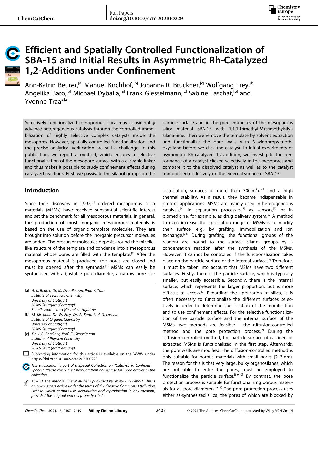 Efficient and Spatially Controlled Functionalization of SBAâ15 and Initial Results in Asymmetric RhâCatalyzed 1,2âAdditions under Confinement by Unknown