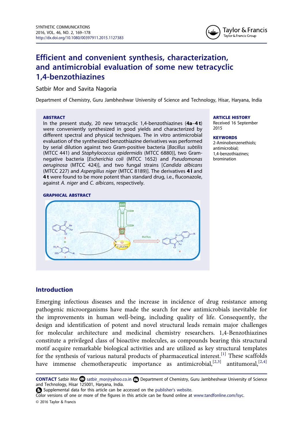 Efficient and convenient synthesis, characterization, and antimicrobial evaluation of some new tetracyclic 1,4-benzothiazines by Satbir Mor
