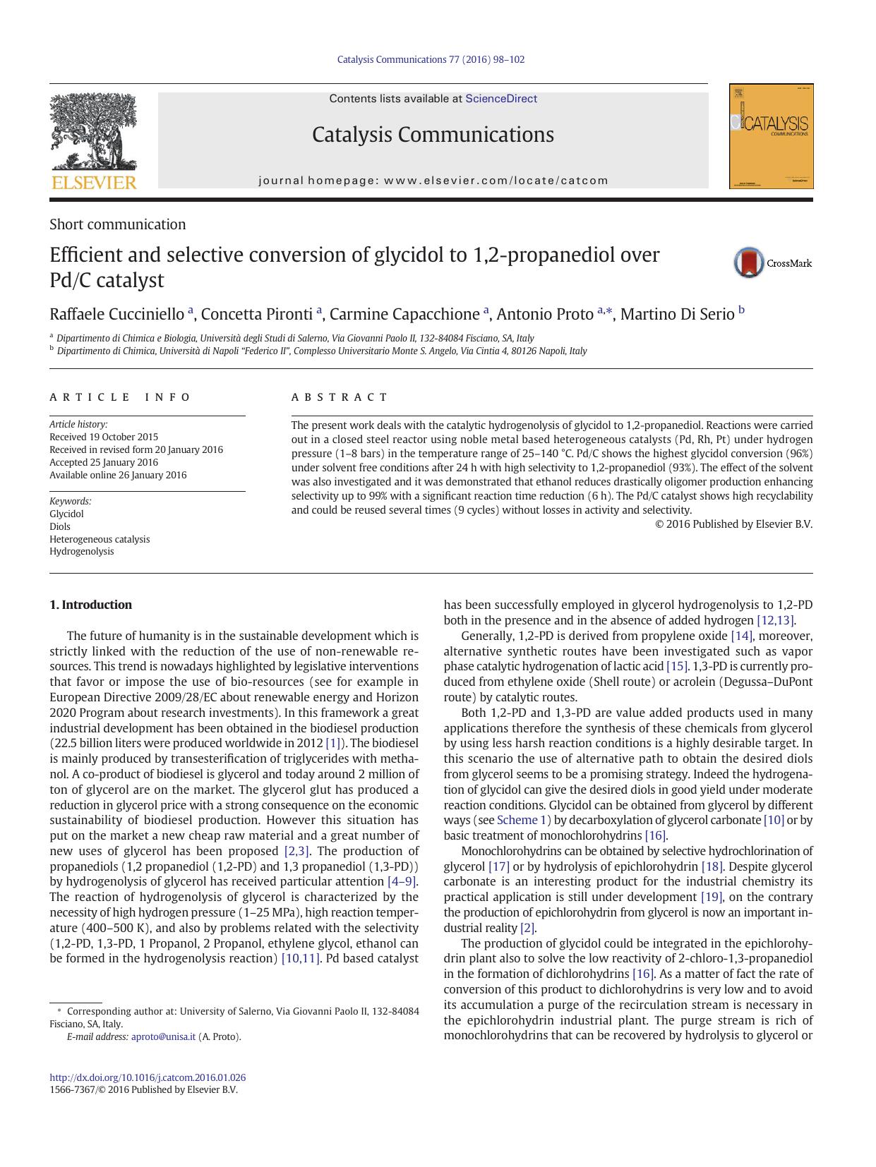 Efficient and selective conversion of glycidol to 1,2-propanediol over PdC catalyst by Raffaele Cucciniello & Concetta Pironti & Carmine Capacchione & Antonio Proto & Martino Di Serio