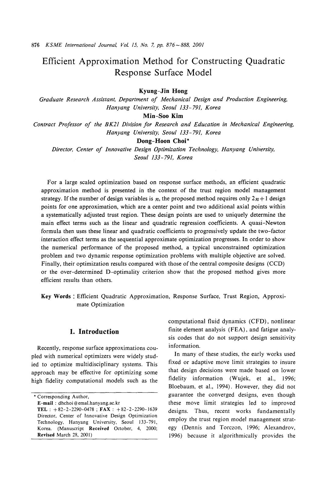 Efficient approximation method for constructing quadratic response surface model by Unknown