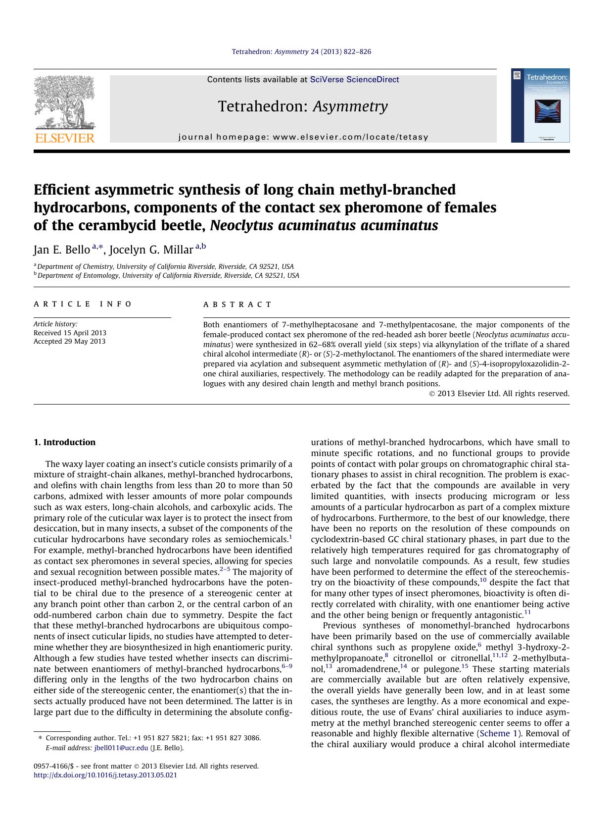 Efficient asymmetric synthesis of long chain methyl-branched hydrocarbons, components of the contact sex pheromone of females of the cerambycid beetle, Neoclytus acuminatus acuminatus by Jan E. Bello & Jocelyn G. Millar