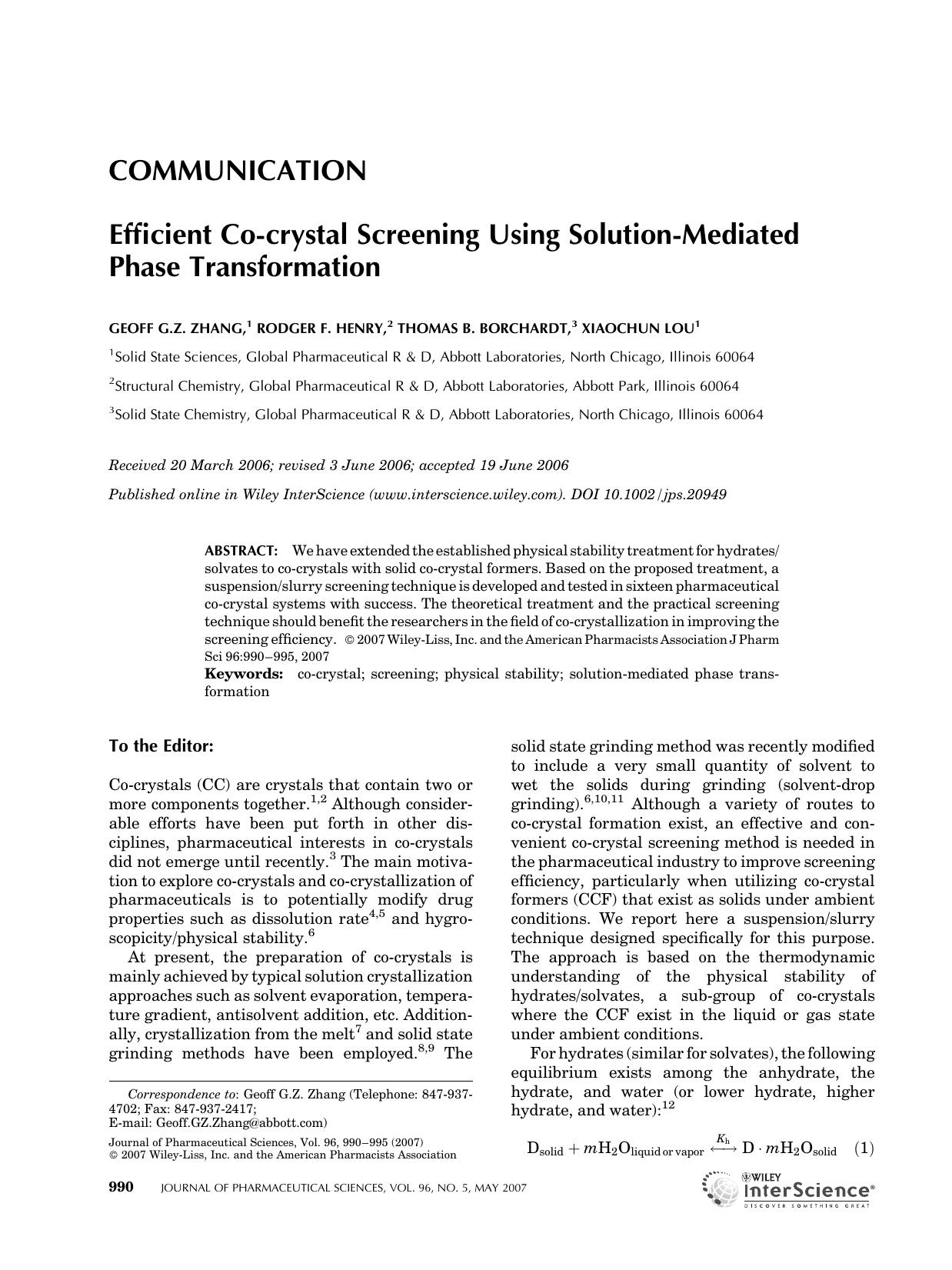 Efficient co-crystal screening using solution-mediated phase transformation by Unknown