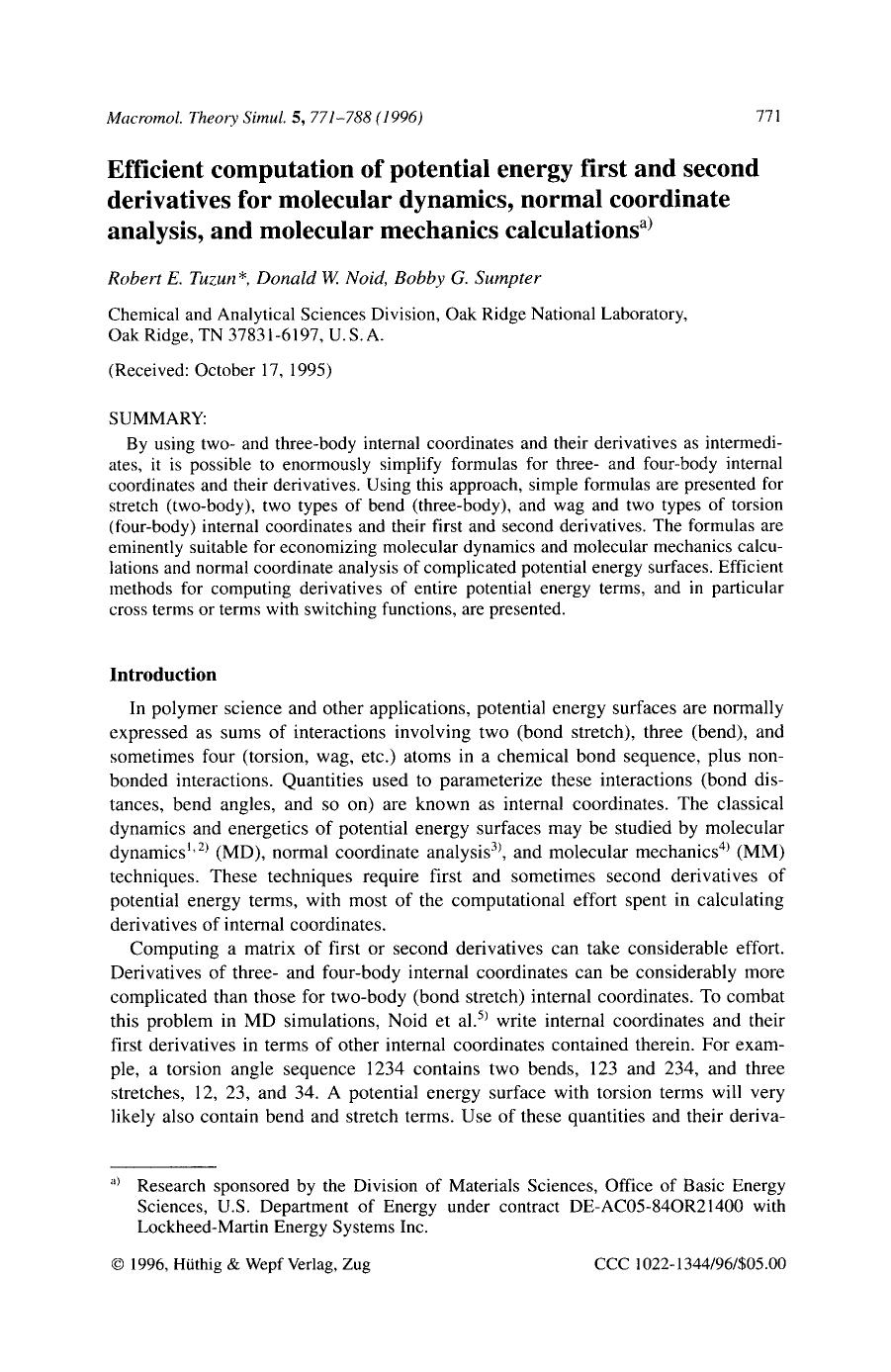 Efficient computation of potential energy first and second derivatives for molecular dynamics, normal coordinate analysis, and molecular mechanics calculations by Unknown