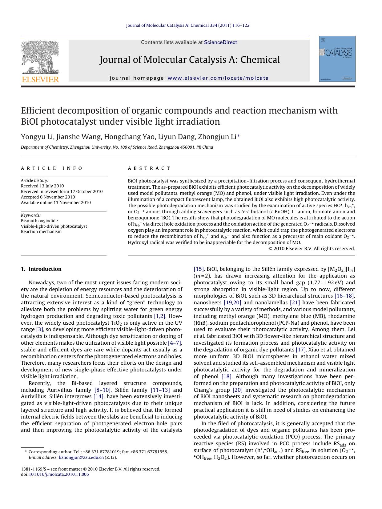 Efficient decomposition of organic compounds and reaction mechanism with BiOI photocatalyst under visible light irradiation by Yongyu Li