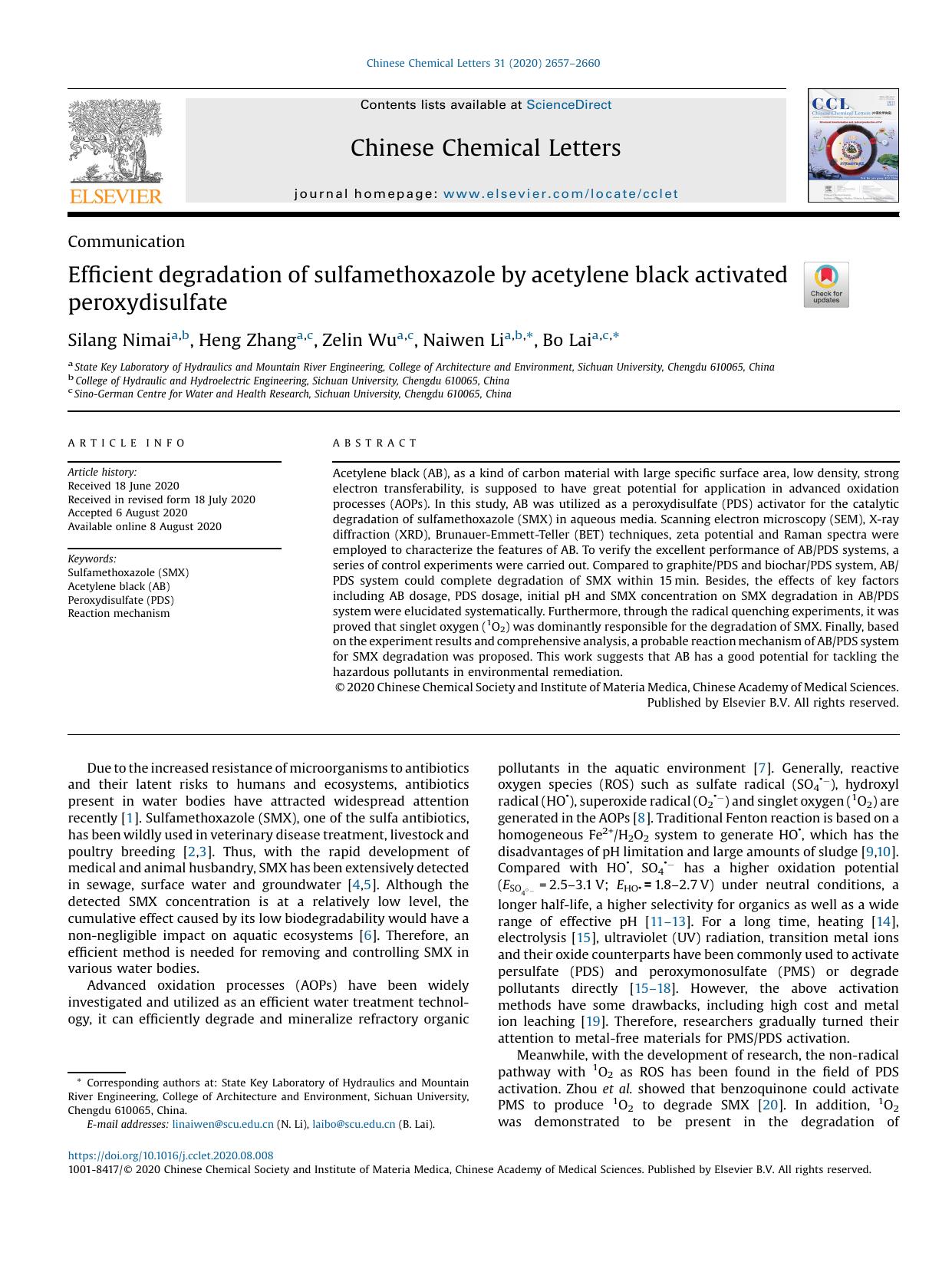 Efficient degradation of sulfamethoxazole by acetylene black activated peroxydisulfate by Silang Nimai & Heng Zhang & Zelin Wu & Naiwen Li & Bo Lai