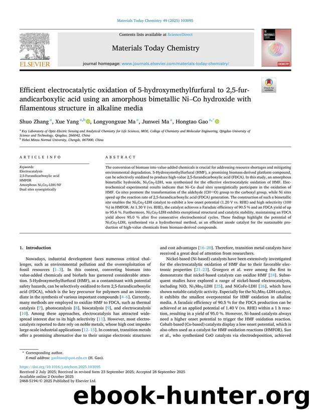 Efficient electrocatalytic oxidation of 5-hydroxymethylfurfural to 2,5-furandicarboxylic acid using an amorphous bimetallic NiâCo hydroxide with filamentous structure in alkaline media by Shuo Zhang & Xue Yang & Longyongxue Ma & Junwei Ma & Hongtao Gao