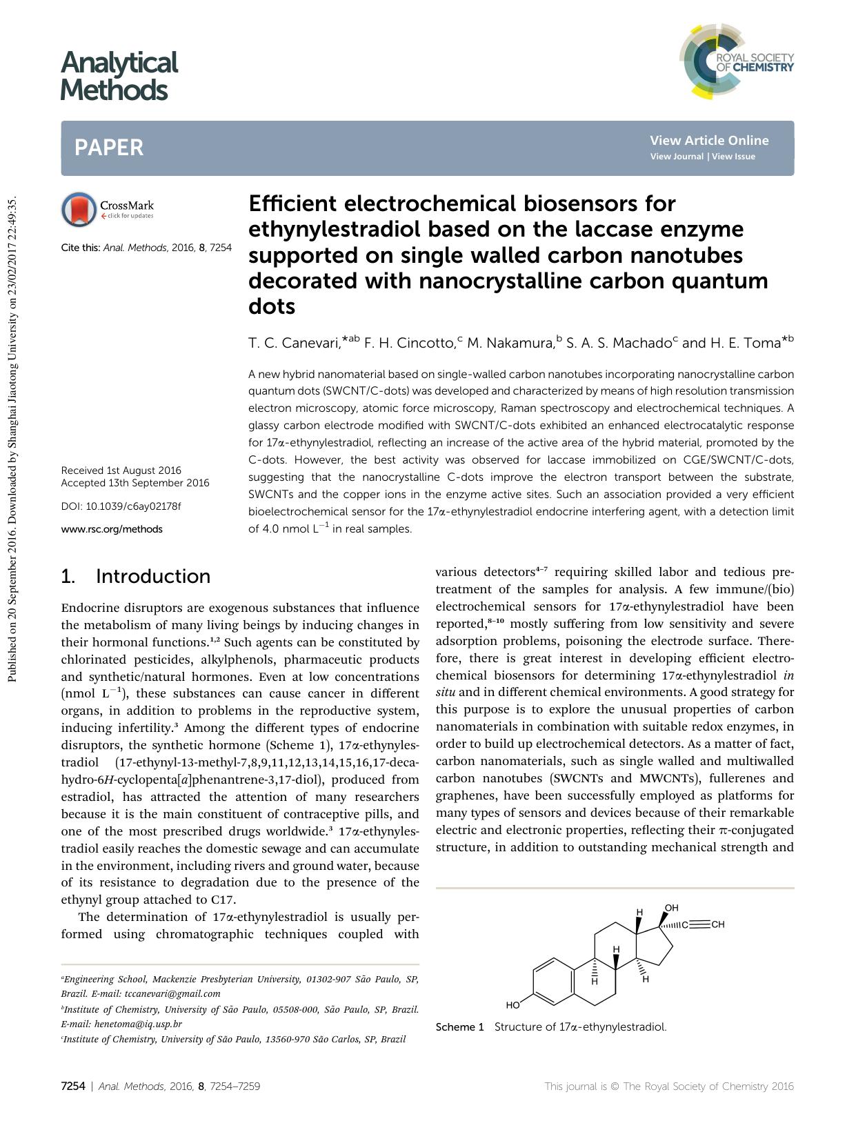 Efficient electrochemical biosensors for ethynylestradiol based on the laccase enzyme supported on single walled carbon nanotubes decorated with nanocrystalline carbon quantum dots by T. C. Canevari & F. H. Cincotto & M. Nakamura & S. A. S. Machado & H. E. Toma