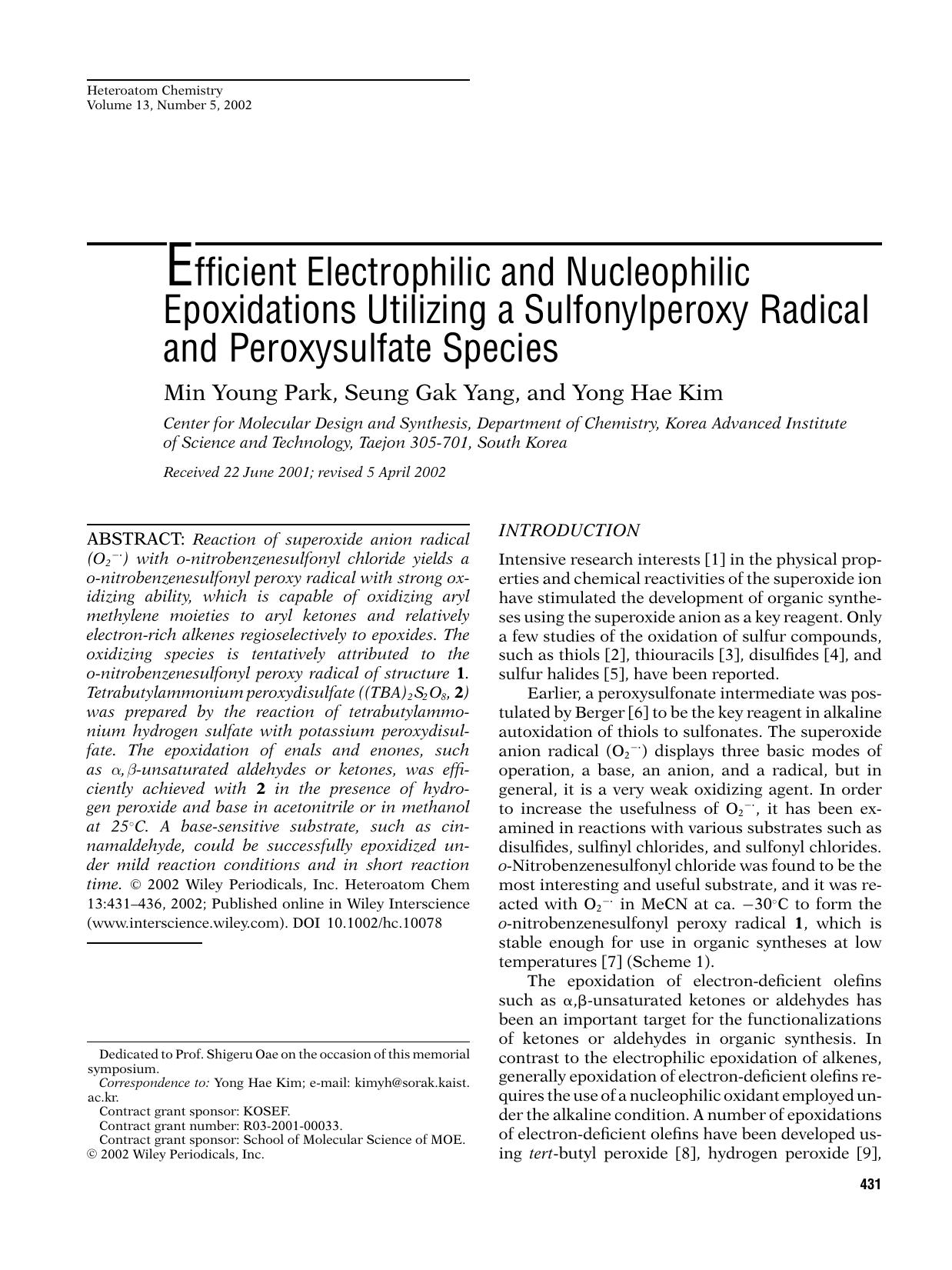 Efficient electrophilic and nucleophilic epoxidations utilizing a sulfonylperoxy radical and peroxysulfate species by Unknown