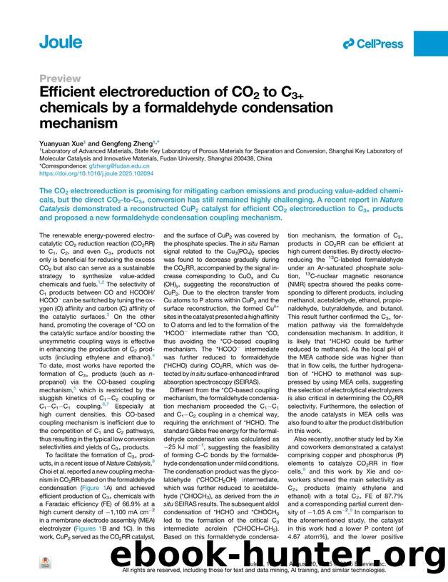 Efficient electroreduction of CO2 to C3+ chemicals by a formaldehyde condensation mechanism by Yuanyuan Xue & Gengfeng Zheng