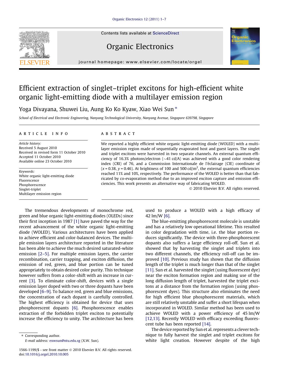 Efficient extraction of singletâ€“triplet excitons for high-efficient white organic light-emitting diode with a multilayer emission region by Yoga Divayana & Shuwei Liu & Aung Ko Ko Kyaw & Xiao Wei Sun