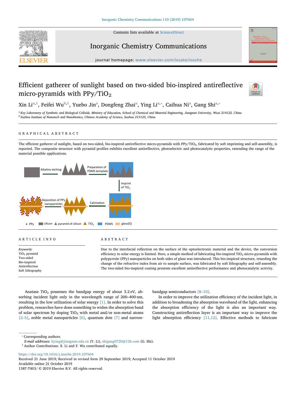 Efficient gatherer of sunlight based on two-sided bio-inspired antireflective micro-pyramids with PPyTiO2 by Xin Li & Feifei Wu & Yuebo Jin & Dongfeng Zhai & Ying Li & Caihua Ni & Gang Shi