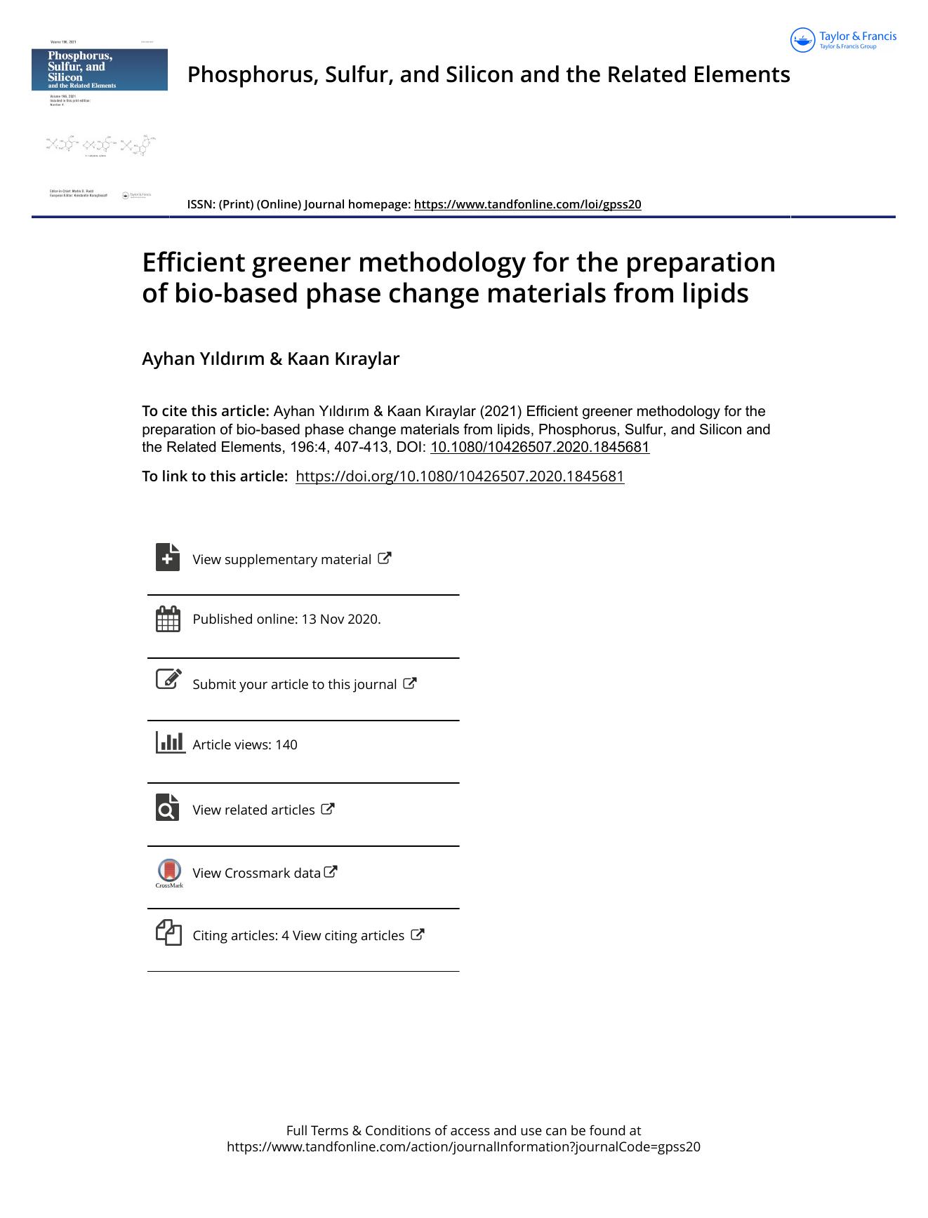 Efficient greener methodology for the preparation of bio-based phase change materials from lipids by Yıldırım Ayhan & Kıraylar Kaan