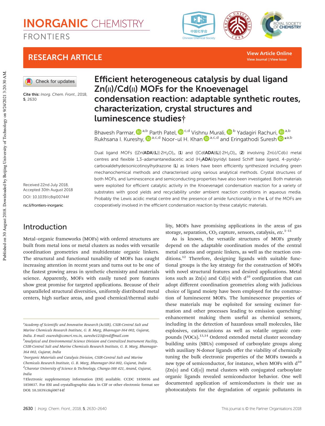 Efficient heterogeneous catalysis by dual ligand Zn(II)Cd(II) MOFs for the Knoevenagel condensation reaction: adaptable synthetic routes, characterization, crystal structures and luminescence studies by unknow