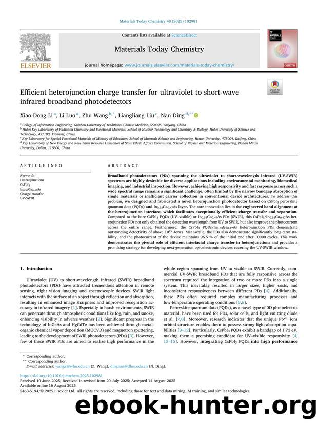 Efficient heterojunction charge transfer for ultraviolet to short-wave infrared broadband photodetectors by Xiao-Dong Li & Li Luo & Zhu Wang & Liangliang Liu & Nan Ding