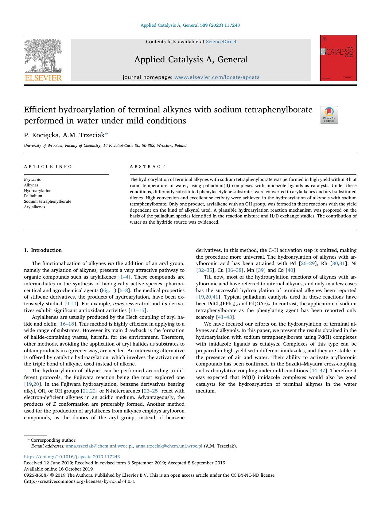 Efficient hydroarylation of terminal alkynes with sodium tetraphenylborate performed in water under mild conditions by P. Kocięcka & A.M. Trzeciak