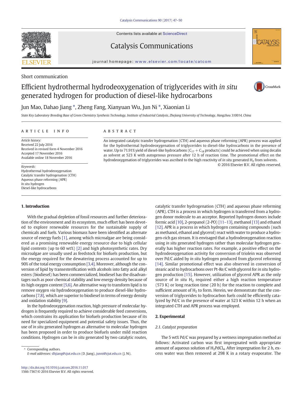 Efficient hydrothermal hydrodeoxygenation of triglycerides with in situ generated hydrogen for production of diesel-like hydrocarbons by Jun Mao & Dahao Jiang & Zheng Fang & Xianyuan Wu & Jun Ni & Xiaonian Li