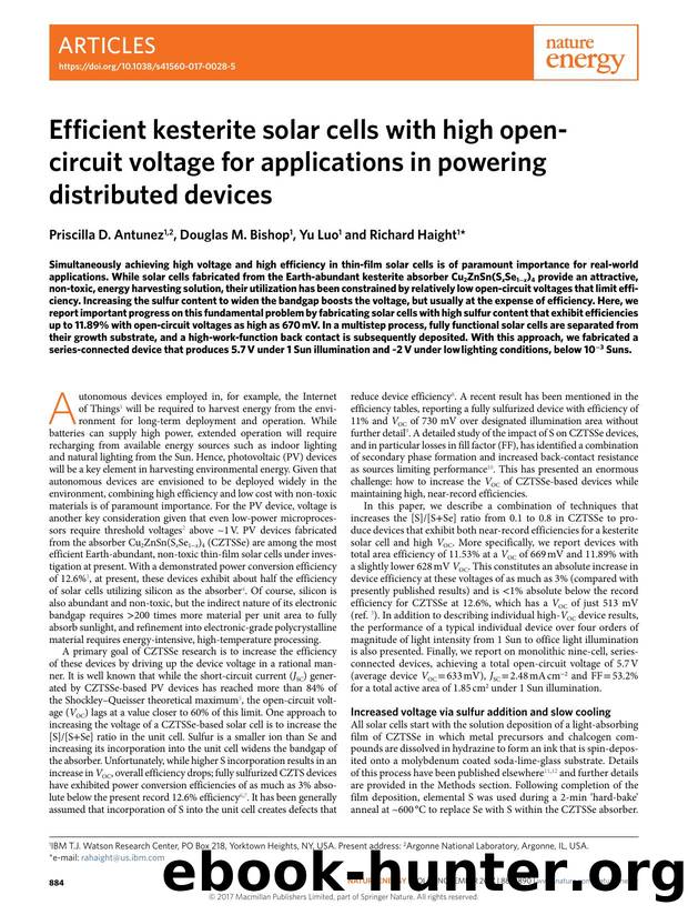 Efficient kesterite solar cells with high open-circuit voltage for applications in powering distributed devices by Priscilla D. Antunez & Douglas M. Bishop & Yu Luo & Richard Haight