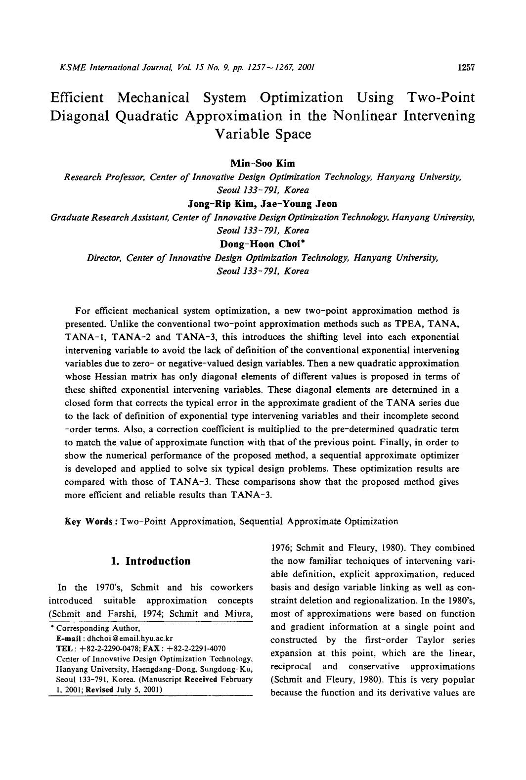 Efficient mechanical system optimization using two-point diagonal quadratic approximation in the nonlinear intervening variable space by Unknown