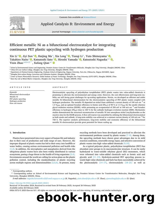Efficient metallic Ni as a bifunctional electrocatalyst for integrating continuous PET plastic upcycling with hydrogen production by unknow