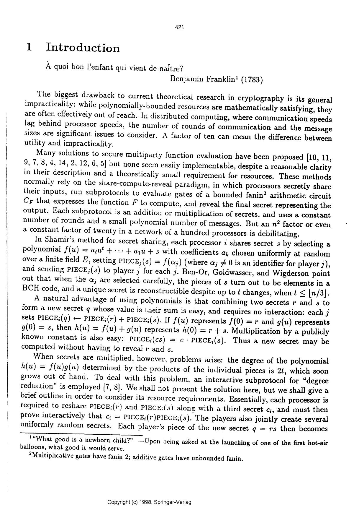 Efficient multiparty protocols using circuit randomization by Beaver D