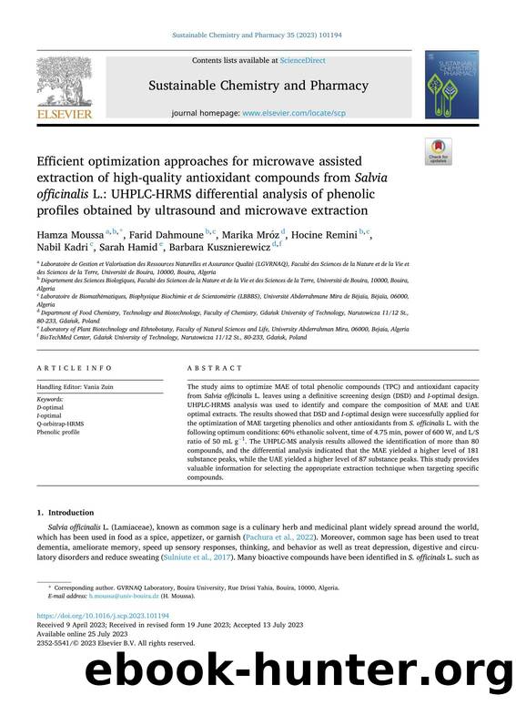 Efficient optimization approaches for microwave assisted extraction of high-quality antioxidant compounds from Salvia officinalis L.: UHPLC-HRMS differential analysis of phenolic p by unknow