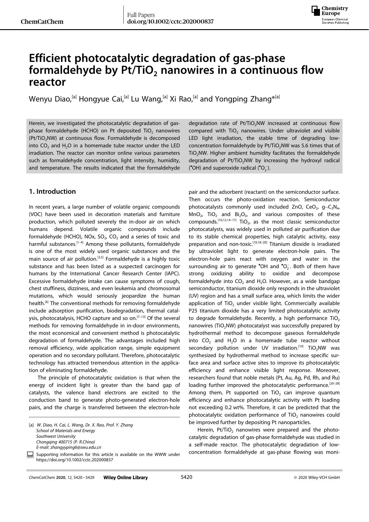 Efficient photocatalytic degradation of gasâphase formaldehyde by PtTiO2 nanowires in a continuous flow reactor by Unknown