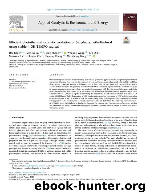 Efficient photothermal catalytic oxidation of 5-hydroxymethylfurfural using stable 4-OH-TEMPO radical by Bei Jiang