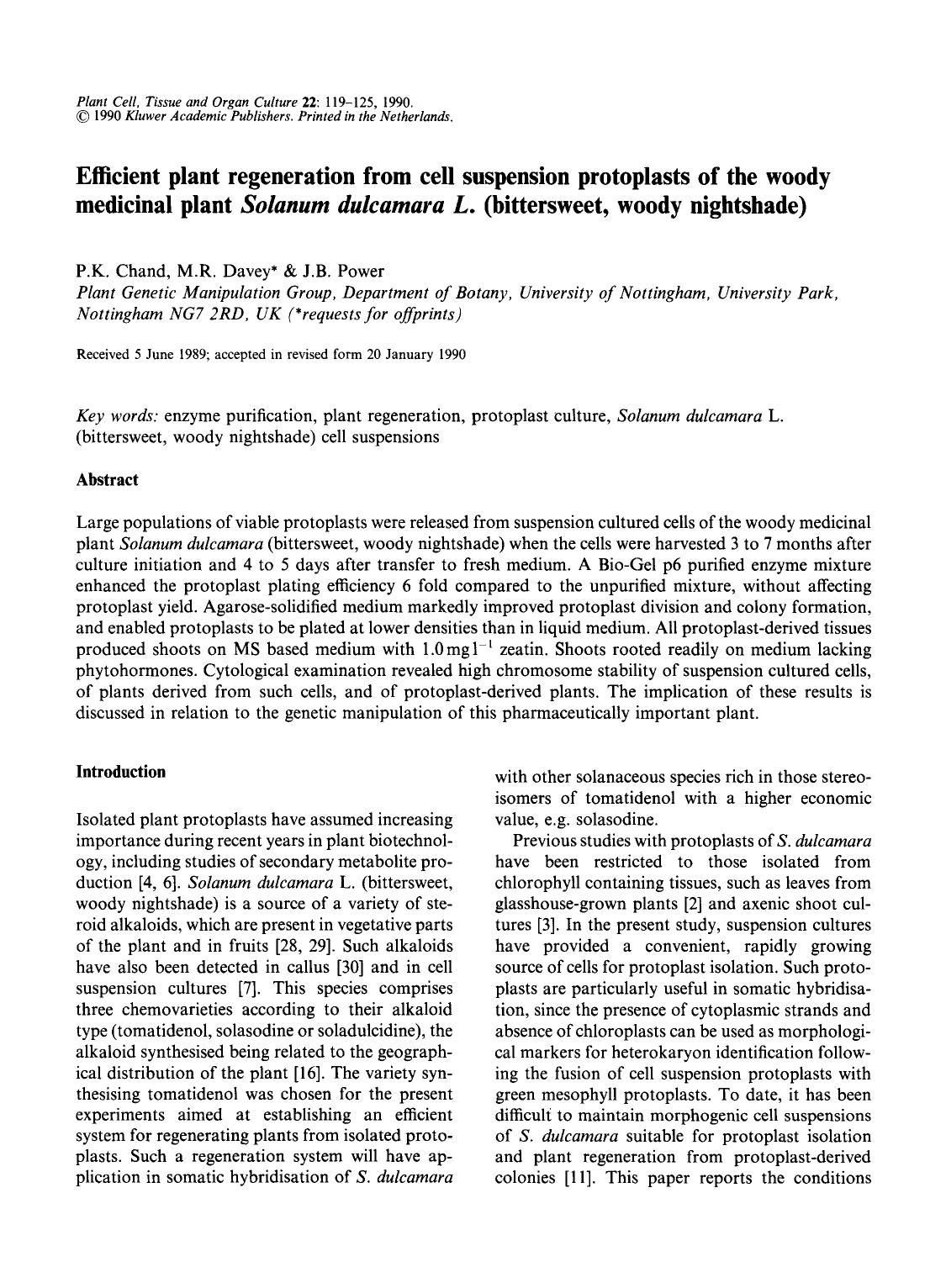 Efficient plant regeneration from cell suspension protoplasts of the woody medicinal plant <Emphasis Type="Italic">Solanum dulcamara L. <Emphasis> (bittersweet, woody nightshade) by Unknown