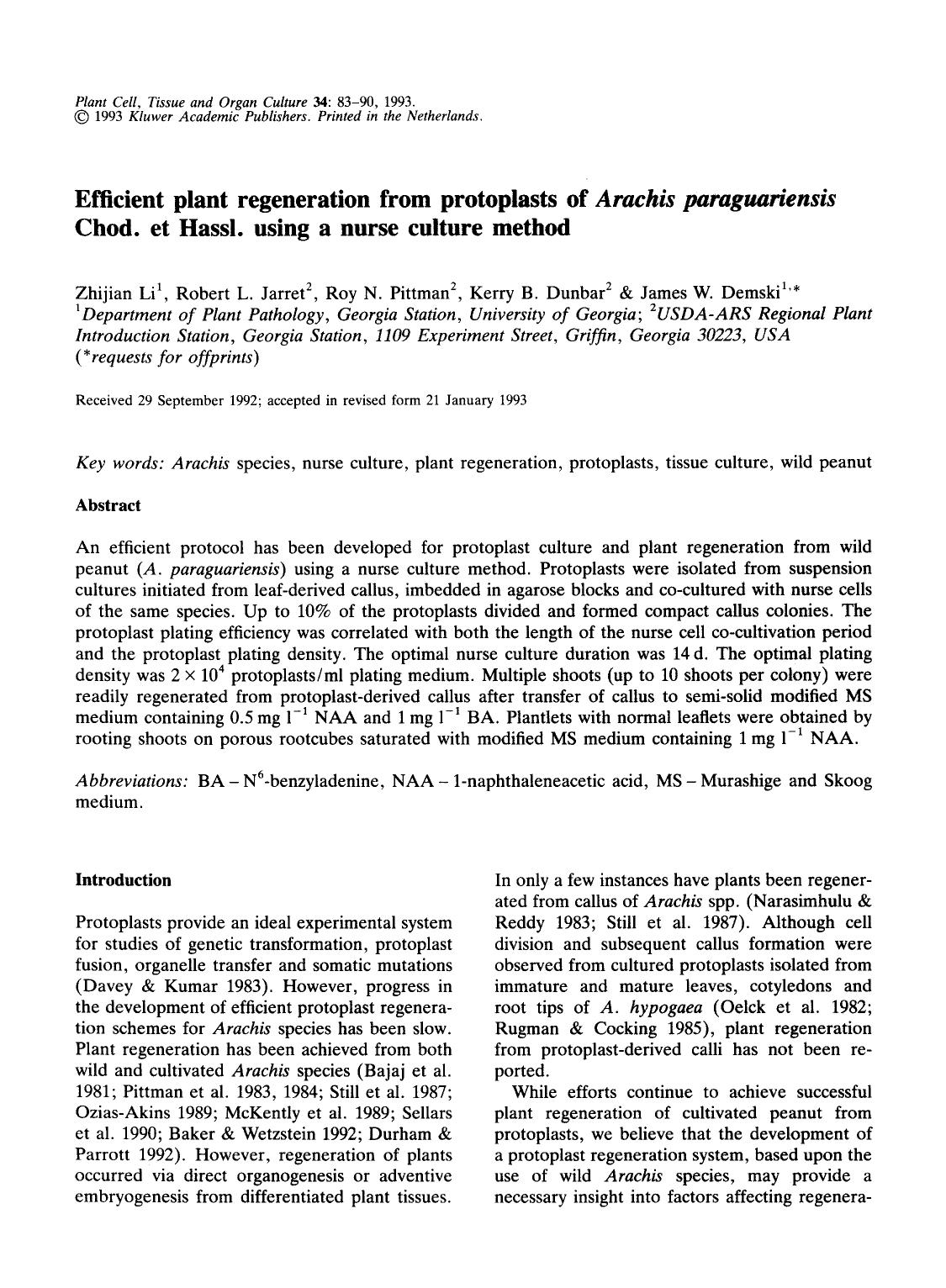 Efficient plant regeneration from protoplasts of <Emphasis Type="Italic">Arachis paraguariensis<Emphasis> Chod. et Hassl. using a nurse culture method by Unknown