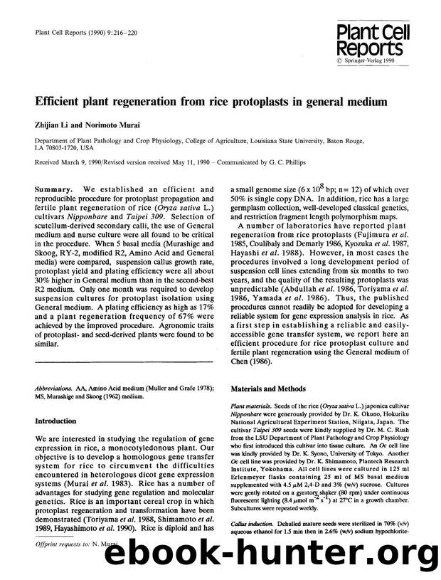Efficient plant regeneration from rice protoplasts in general medium by Unknown