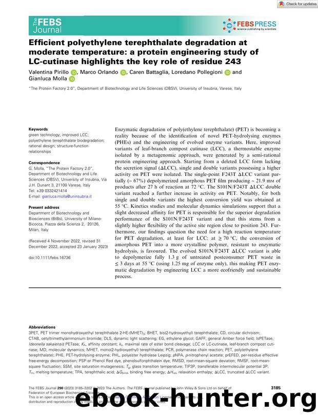 Efficient polyethylene terephthalate degradation at moderate temperature: a protein engineering study of LCâcutinase highlights the key role of residue 243 by Unknown