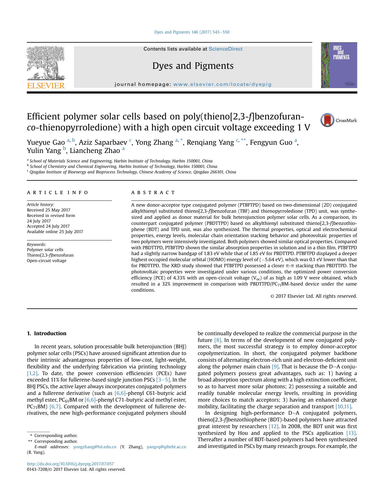 Efficient polymer solar cells based on poly(thieno[2,3-f]benzofuran-co-thienopyrroledione) with a high open circuit voltage exceeding 1&nbsp;V by Yueyue Gao & Aziz Saparbaev & Yong Zhang & Renqiang Yang & Fengyun Guo & Yulin Yang & Liancheng Zhao