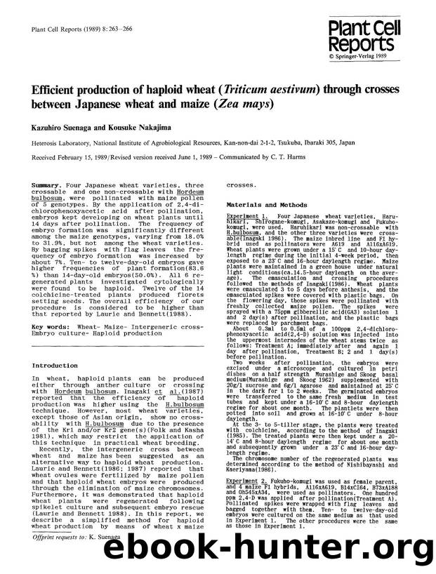 Efficient production of haploid wheat (<Emphasis Type="Italic">Triticum aestivum<Emphasis>) through crosses between Japanese wheat and maize (<Emphasis Type="Italic">Zea mays<Emphasis>) by Unknown