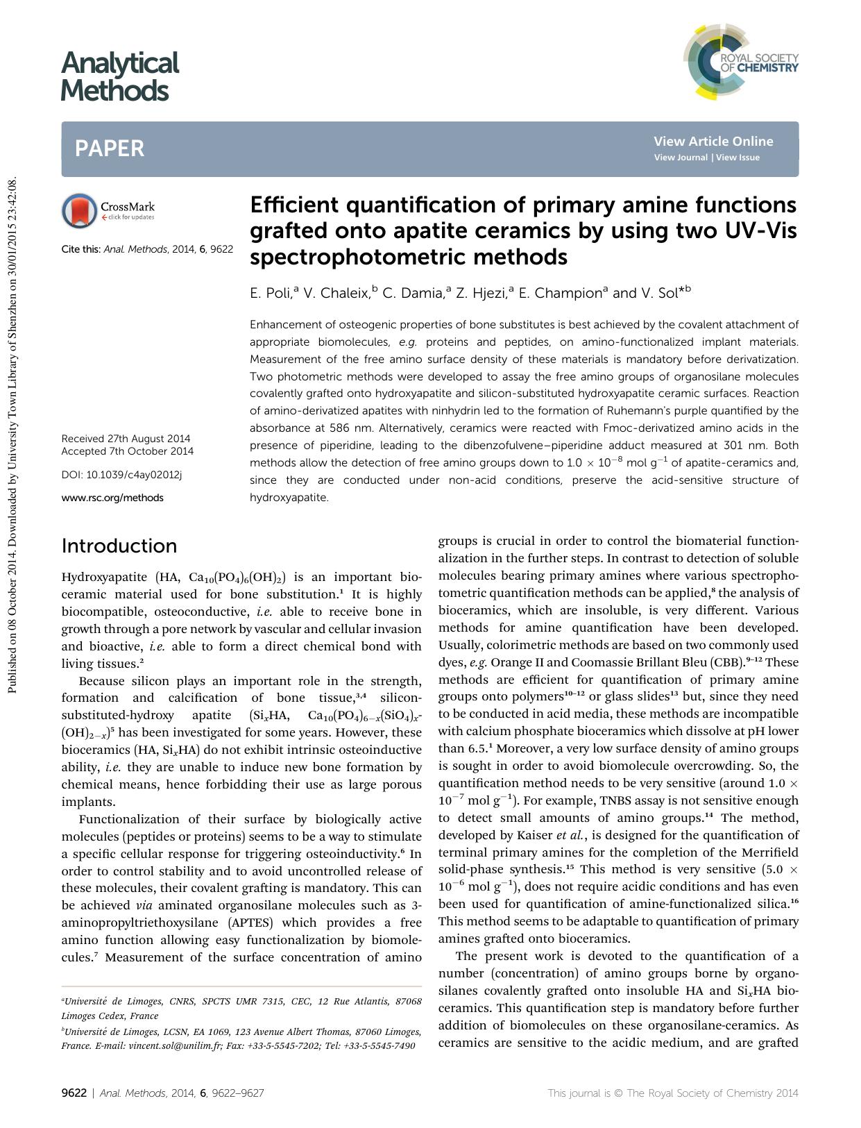 Efficient quantification of primary amine functions grafted onto apatite ceramics by using two UV-Vis spectrophotometric methods by E. Poli & V. Chaleix & C. Damia & Z. Hjezi & E. Champion & V. Sol