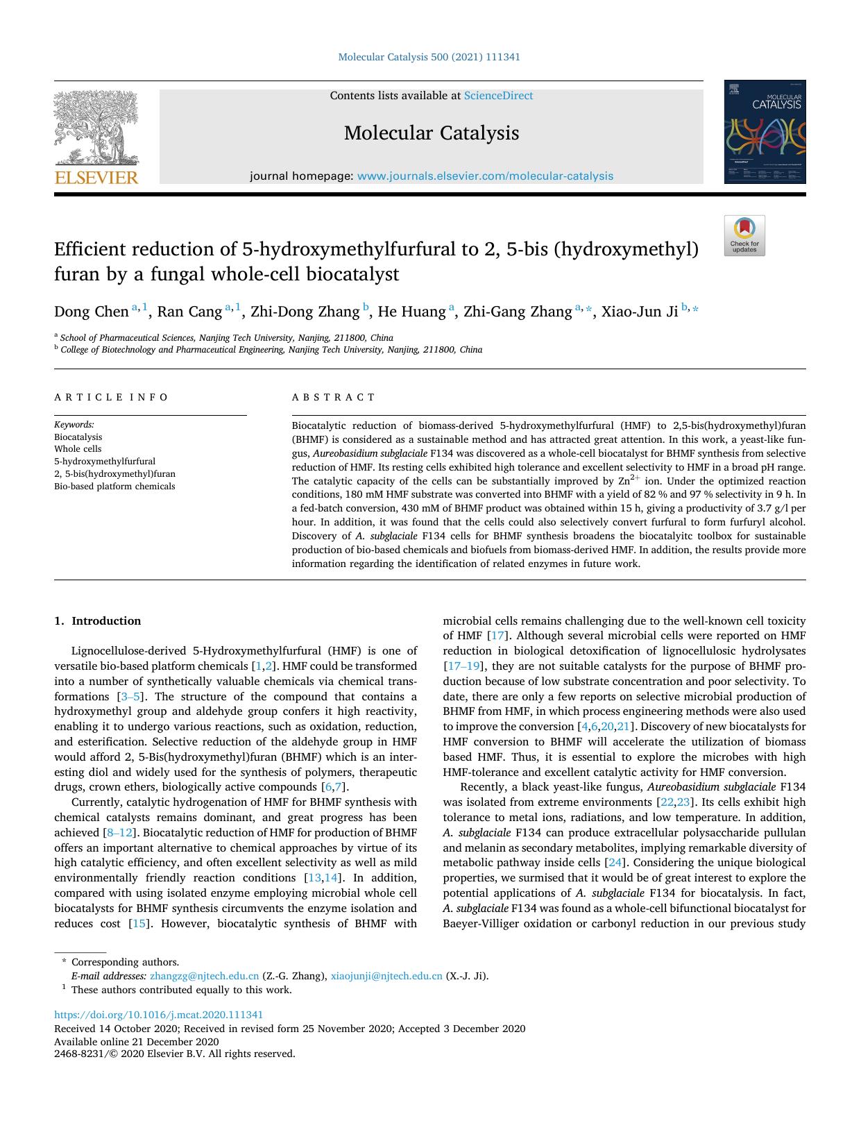 Efficient reduction of 5-hydroxymethylfurfural to 2, 5-bis (hydroxymethyl) furan by a fungal whole-cell biocatalyst by Dong Chen & Ran Cang & Zhi-Dong Zhang & He Huang & Zhi-Gang Zhang & Xiao-Jun Ji