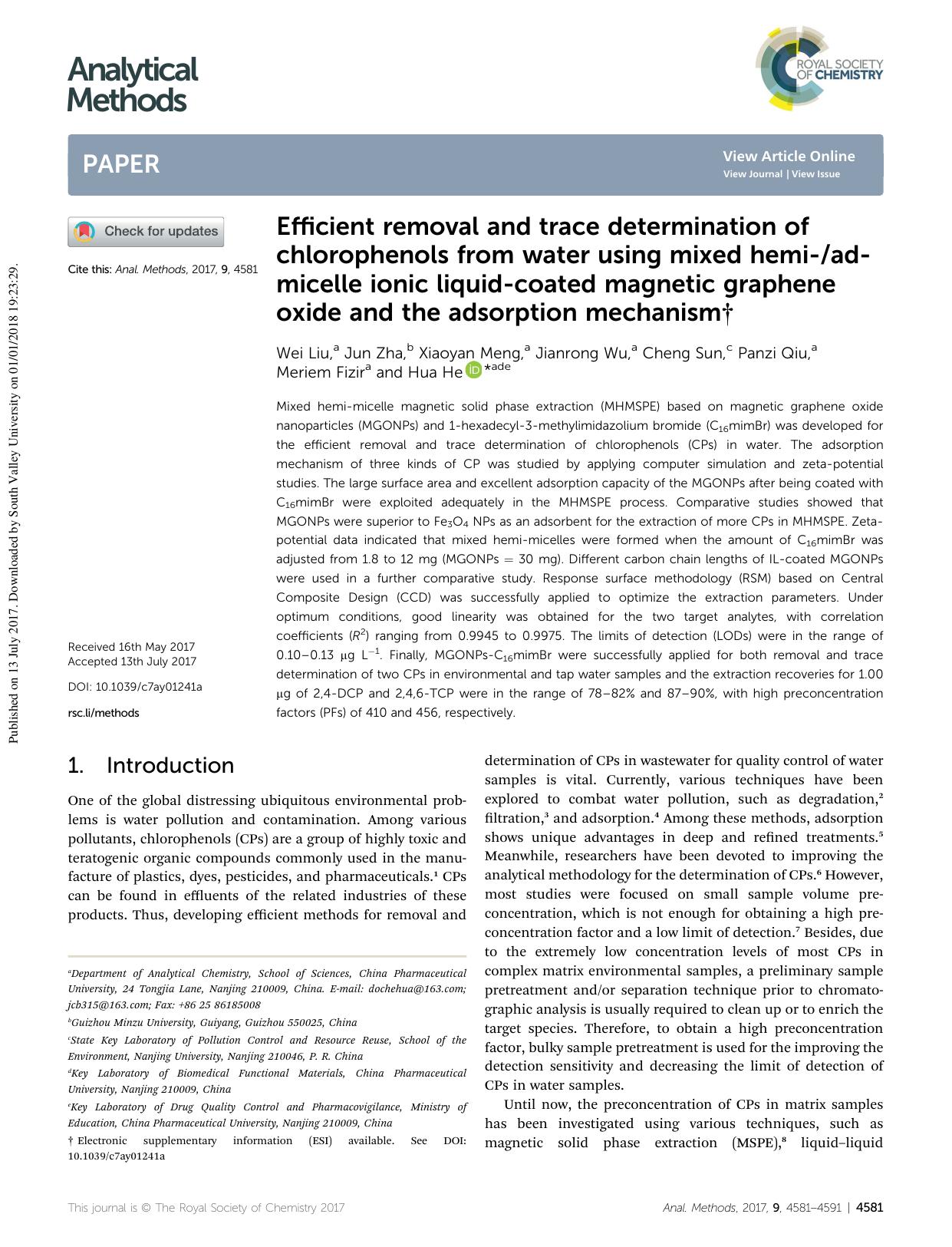 Efficient removal and trace determination of chlorophenols from water using mixed hemi-ad-micelle ionic liquid-coated magnetic graphene oxide and the adsorption mechanism by Wei Liu & Jun Zha & Xiaoyan Meng & Jianrong Wu & Cheng Sun & Panzi Qiu & Meriem Fizir & Hua He