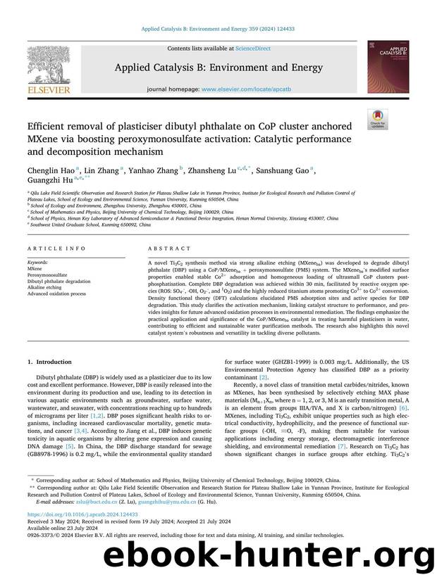 Efficient removal of plasticiser dibutyl phthalate on CoP cluster anchored MXene via boosting peroxymonosulfate activation: Catalytic performance and decomposition mechanism by Chenglin Hao & Lin Zhang & Yanhao Zhang & Zhansheng Lu & Sanshuang Gao & Guangzhi Hu