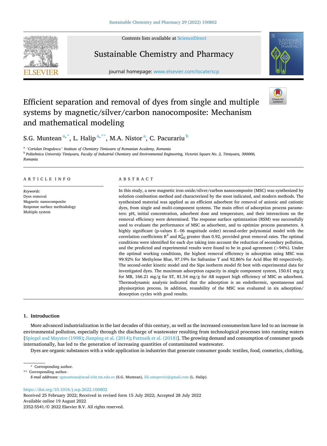 Efficient separation and removal of dyes from single and multiple systems by magneticsilvercarbon nanocomposite: Mechanism and mathematical modeling by S.G. Muntean & L. Halip & M.A. Nistor & C. Pacurariu
