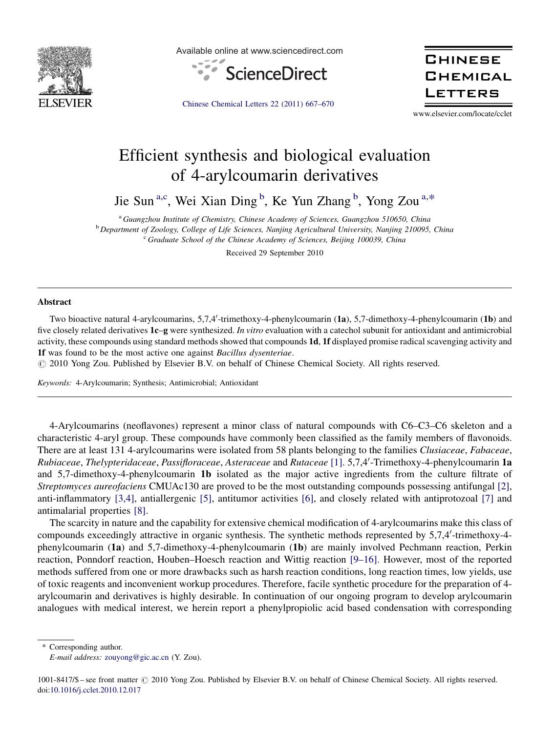 Efficient synthesis and biological evaluation of 4-arylcoumarin derivatives by Jie Sun
