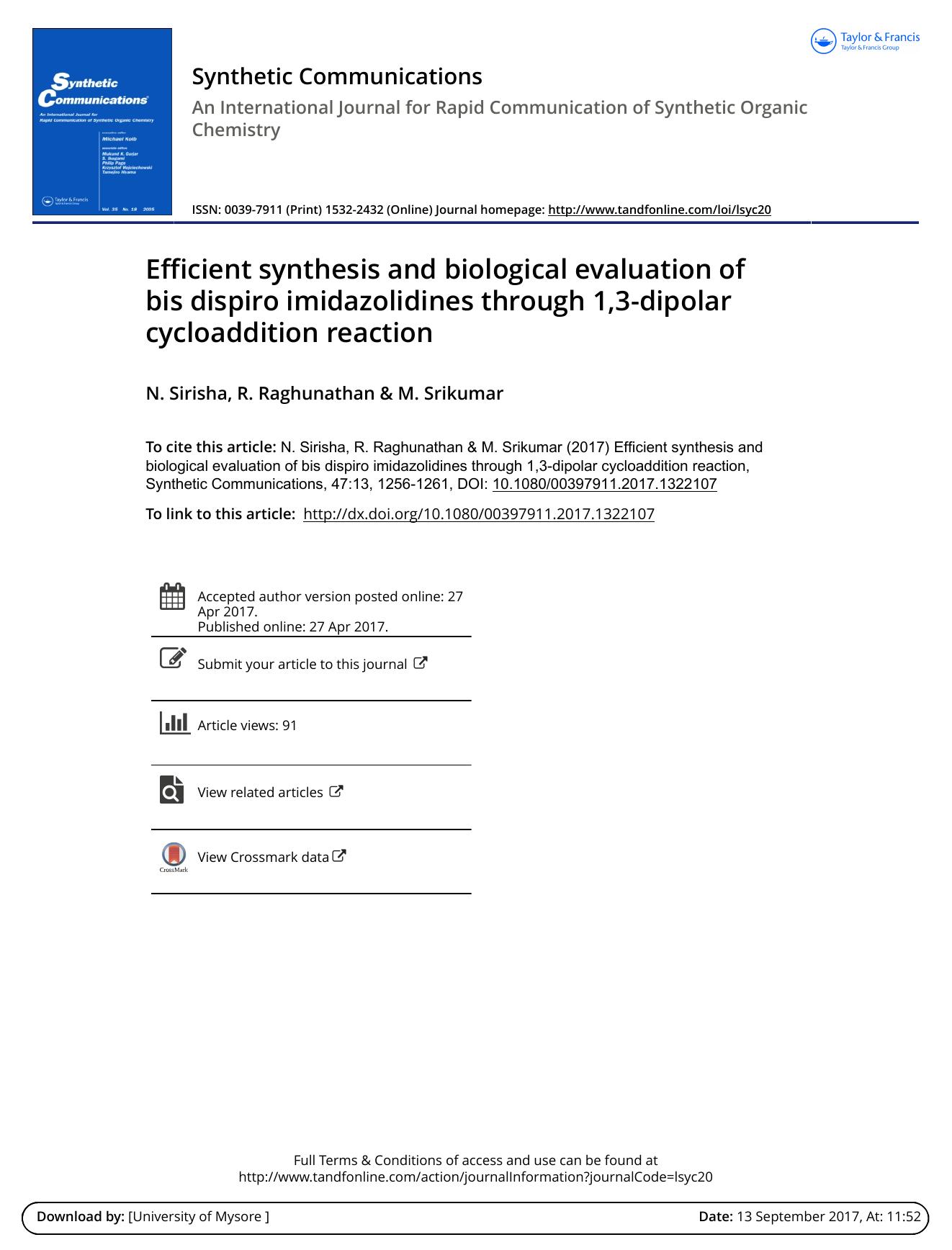 Efficient synthesis and biological evaluation of bis dispiro imidazolidines through 1,3-dipolar cycloaddition reaction by N. Sirisha