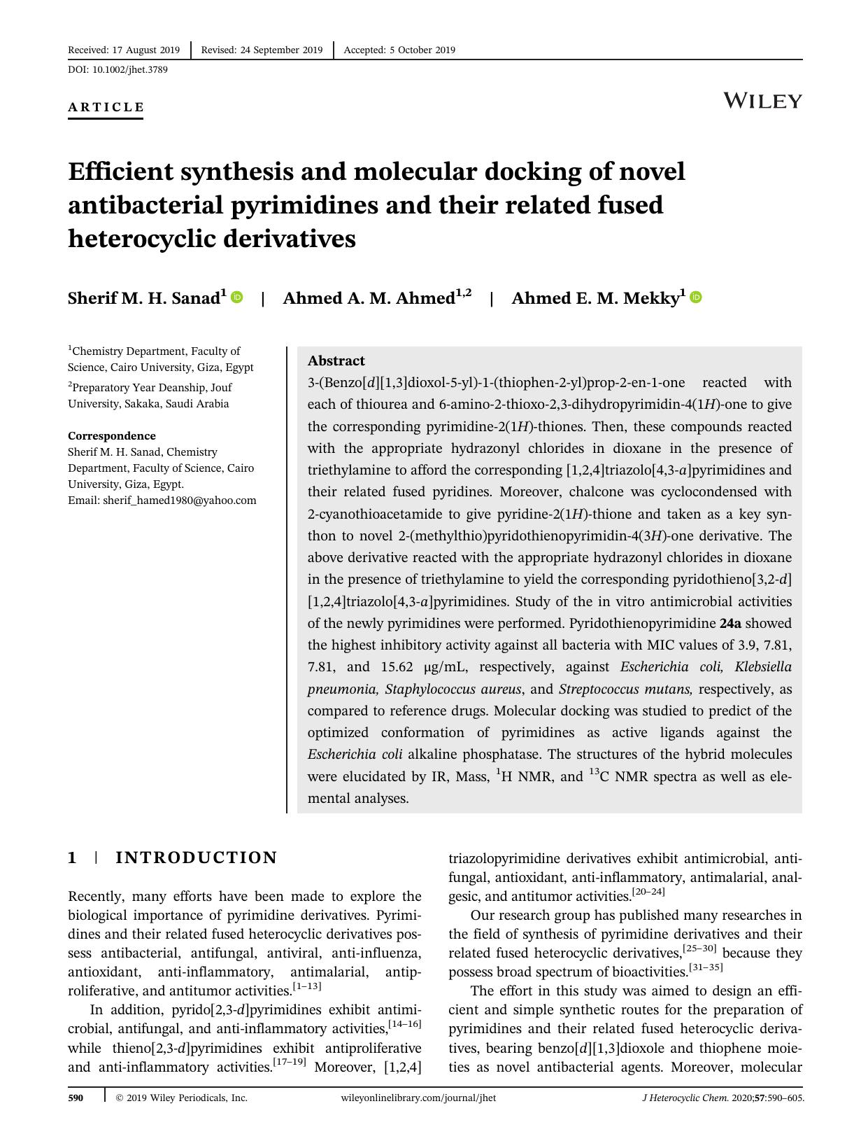 Efficient synthesis and molecular docking of novel antibacterial pyrimidines and their related fused heterocyclic derivatives by Sherif M. H. Sanad Ahmed A. M. Ahmed Ahmed E. M. Mekky