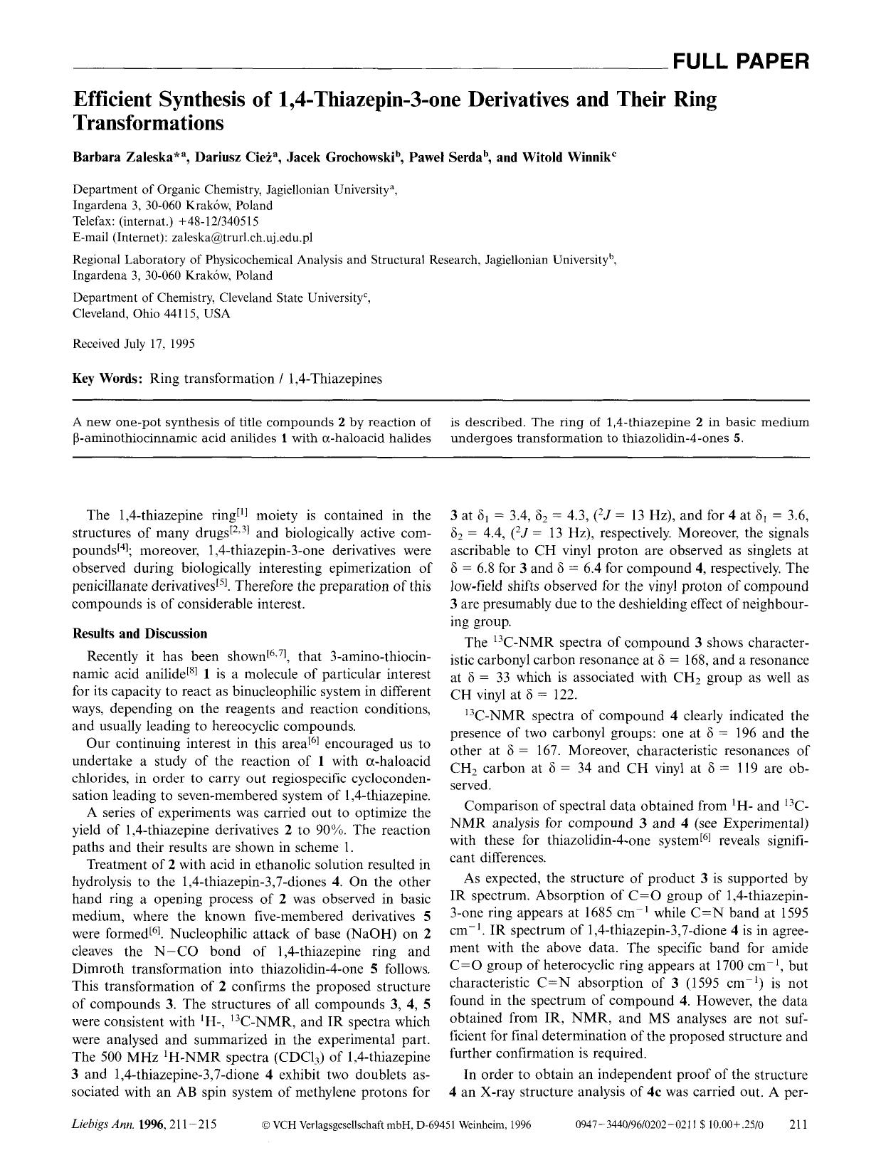 Efficient synthesis of 1,4-thiazepin-3-one derivatives and their ring transformations by Unknown