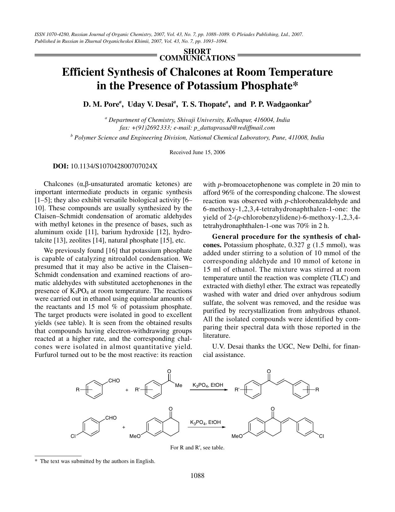 Efficient synthesis of chalcones at room temperature in the presence of potassium phosphate by Unknown