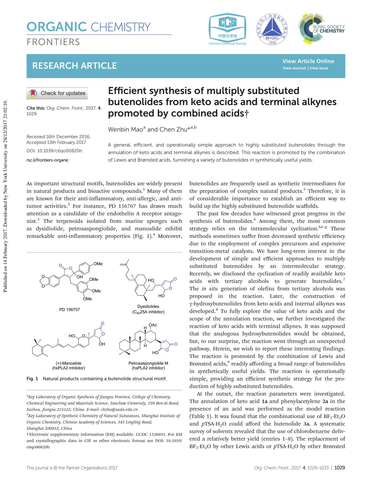 Efficient synthesis of multiply substituted butenolides from keto acids and terminal alkynes promoted by combined acids by Wenbin Mao Chen Zhu
