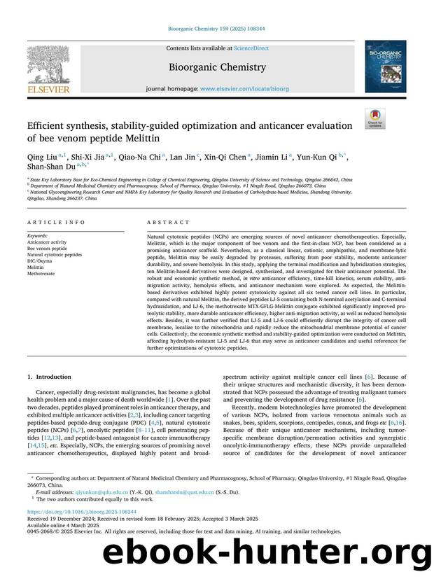 Efficient synthesis, stability-guided optimization and anticancer evaluation of bee venom peptide Melittin by Qing Liu & Shi-Xi Jia & Qiao-Na Chi & Lan Jin & Xin-Qi Chen & Jiamin Li & Yun-Kun Qi & Shan-Shan Du
