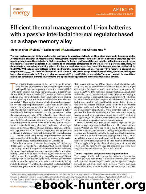 Efficient thermal management of Li-ion batteries with a passive interfacial thermal regulator based on a shape memory alloy by Menglong Hao & Jian Li & Saehong Park & Scott Moura & Chris Dames