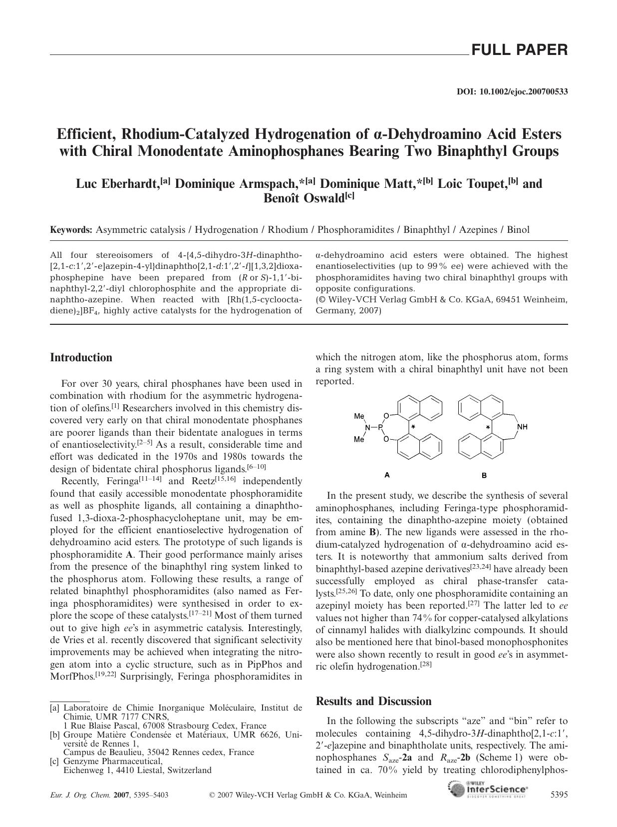 Efficient, Rhodium-Catalyzed Hydrogenation of [alpha]-Dehydroamino Acid Esters with Chiral Monodentate Aminophosphanes Bearing Two Binaphthyl Groups by Unknown