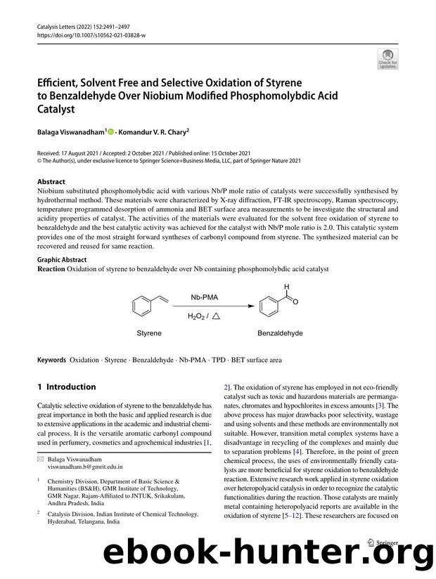 Efficient, Solvent Free and Selective Oxidation of Styrene to Benzaldehyde Over Niobium Modified Phosphomolybdic Acid Catalyst by Balaga Viswanadham & Komandur V. R. Chary