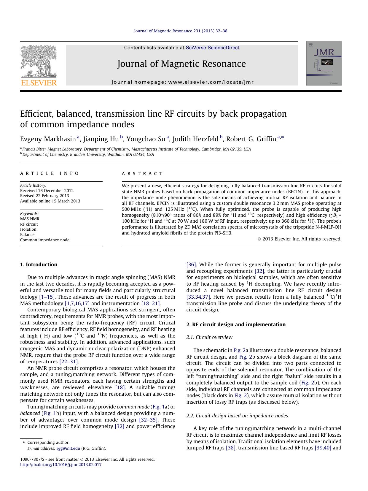 Efficient, balanced, transmission line RF circuits by back propagation of common impedance nodes by Evgeny Markhasin & Jianping Hu & Yongchao Su & Judith Herzfeld & Robert G. Griffin