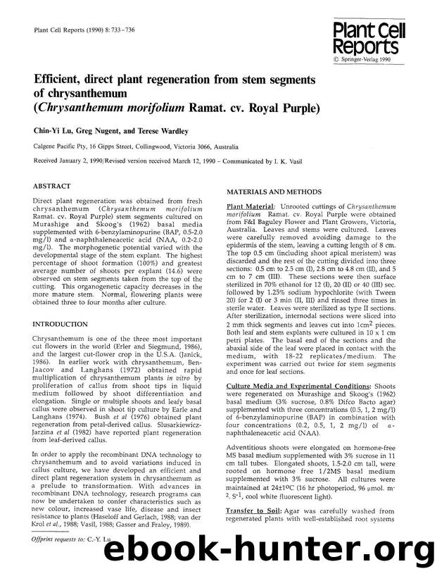 Efficient, direct plant regeneration from stem segments of chrysanthemum (<Emphasis Type="Italic">Chrysanthemum morifolium<Emphasis> Ramat. cv. Royal Purple) by Unknown
